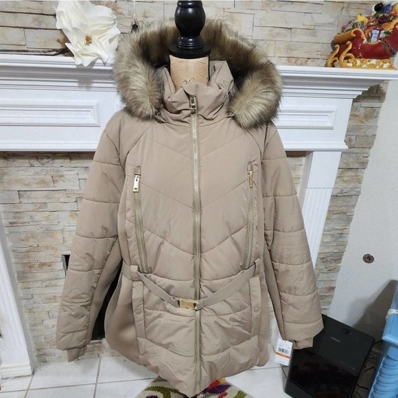 Michael‎ Kors tan Taupe long puffer coat faux fur trim plus size 3X NEW!!! - Picture 1 of 14